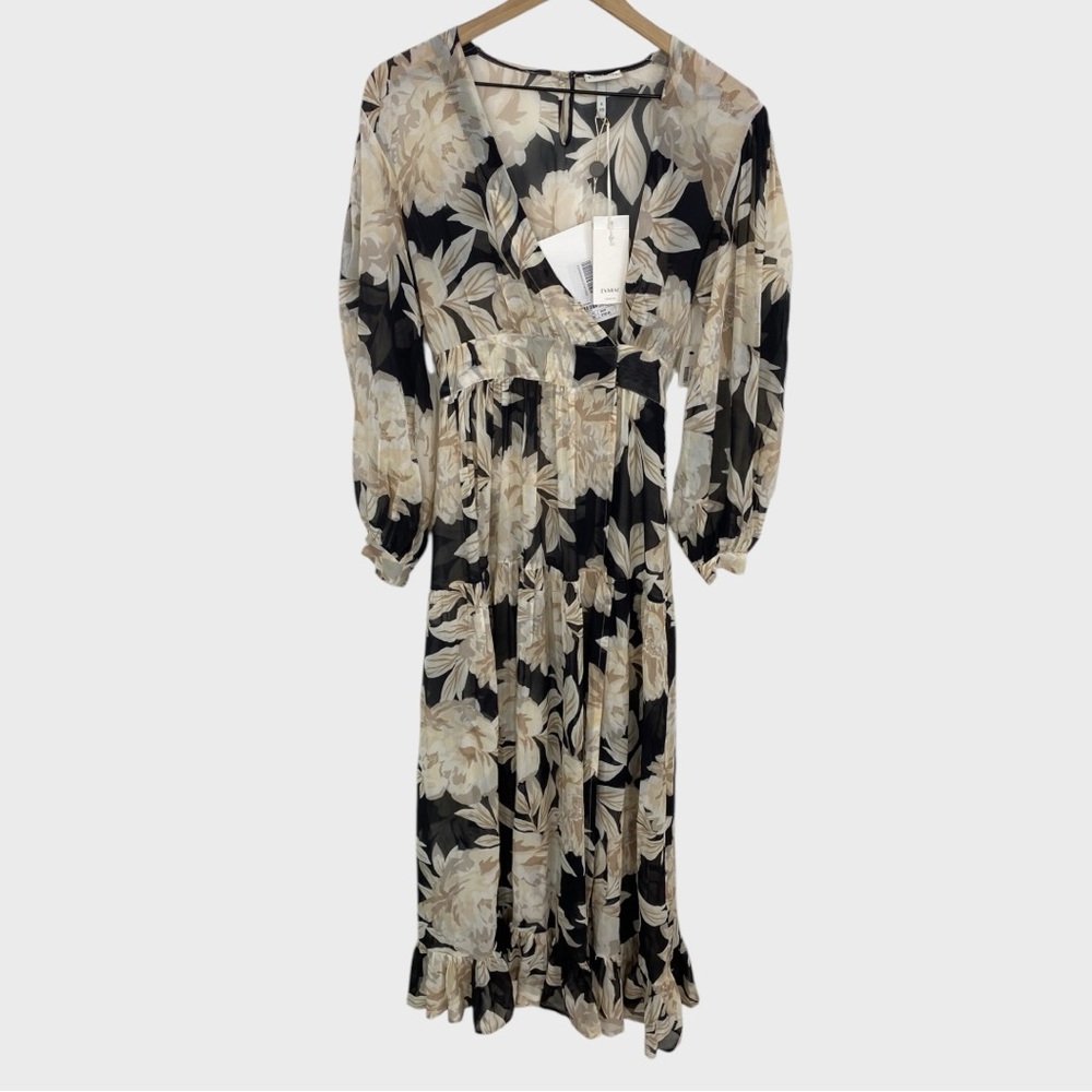 Evarae NWT Black Floral Print Silk Georgette River Wrap Maxi Dress Size XS